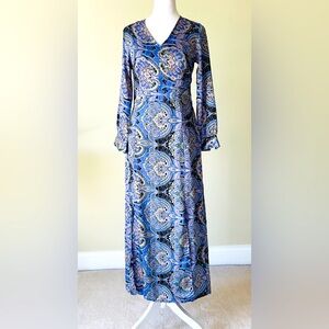 Elegant Purple and Green Paisley Long Sleeve Satin like Maxi Dress Size S EUC
